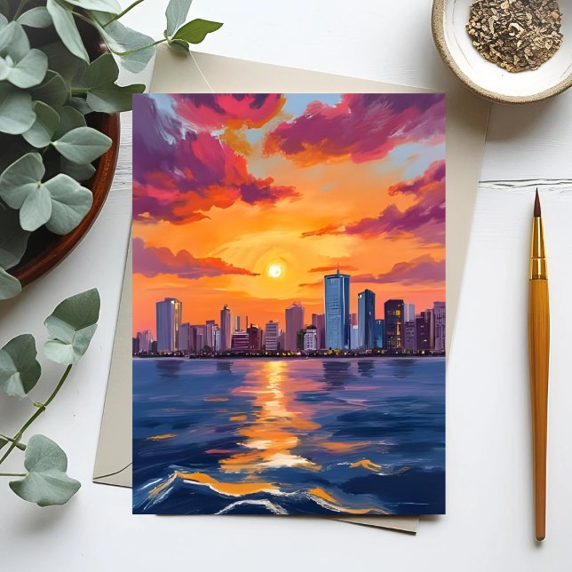 Carte Postale Aquarelle Sunset City Skyline (Créateur téléchargé)