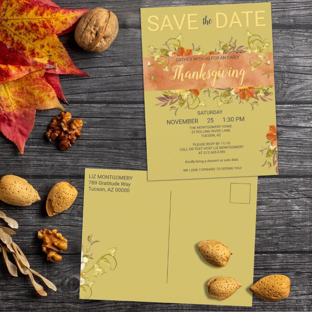 Carte Postale Aquarelle Thanksgiving Rustic Green Feuilles (Créateur téléchargé)