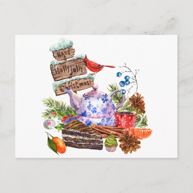 Carte Postale Aquarelle Thé de Noël et heure du gâteau (Devant)