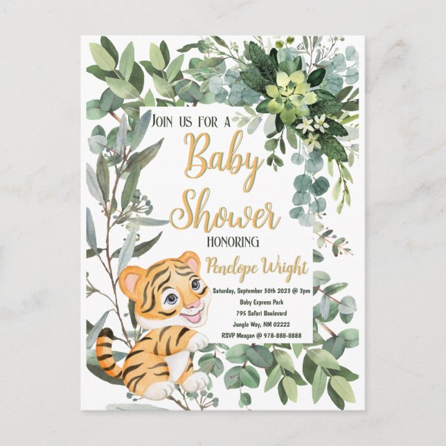Carte Postale Aquarelle Tiger Safari Jungle Baby shower feuille (Devant)