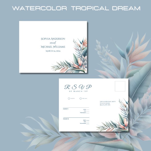 Carte Postale Aquarelle Tropical Dream-Wedding RSVP- (Watercolor Tropical Dream Wedding RSVP Postcard-Coastal-Pastel Colors)