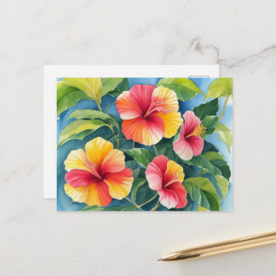 Carte Postale Aquarelle Tropical Hawaii Rouge Jaune Hibiscus