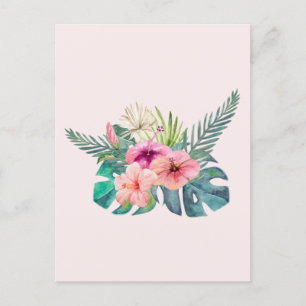 Carte Postale Aquarelle Tropical Rose Hibiscus Fleurs