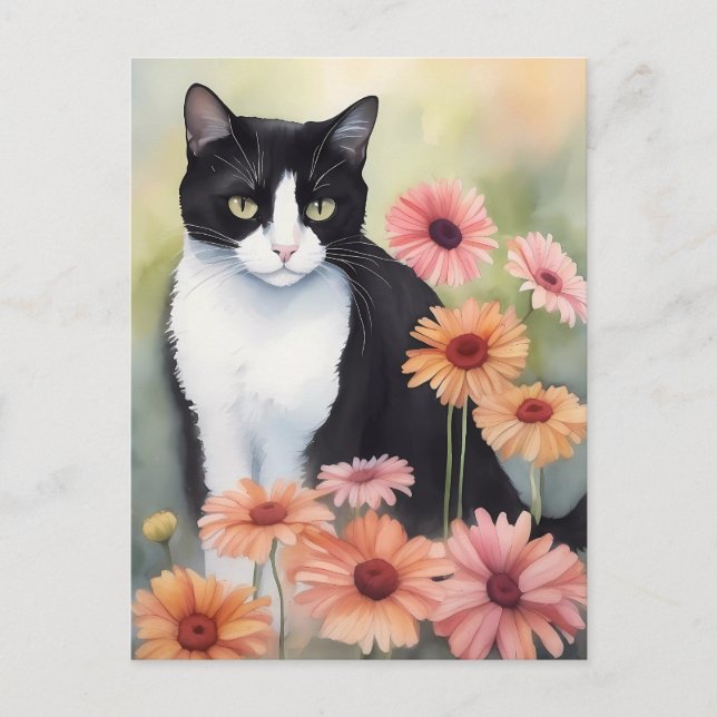 Carte Postale Aquarelle Tuxedo Chat Avec Gerbera Fleurs Faisées (Devant)