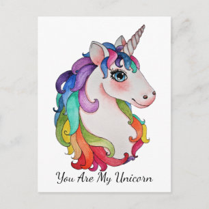 Carte Postale Aquarelle Unicorne avec cheveux arc-en-ciel