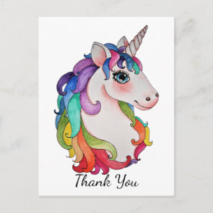 Carte Postale Aquarelle Unicorne avec cheveux arc-en-ciel