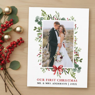 Carte Postale Aquarelle Verdure Nœud Rouge Premier Noël