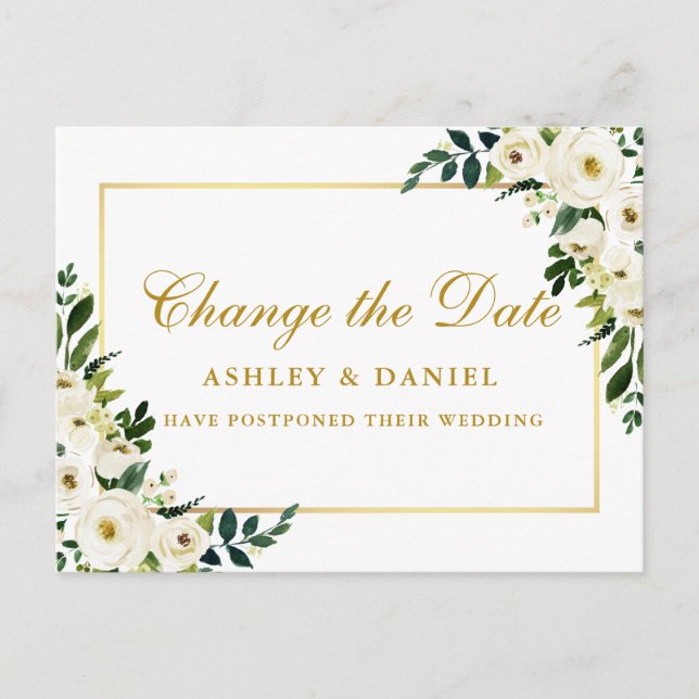 Carte Postale Aquarelle Vert Blanc Floral Changement La Date Or (Devant)