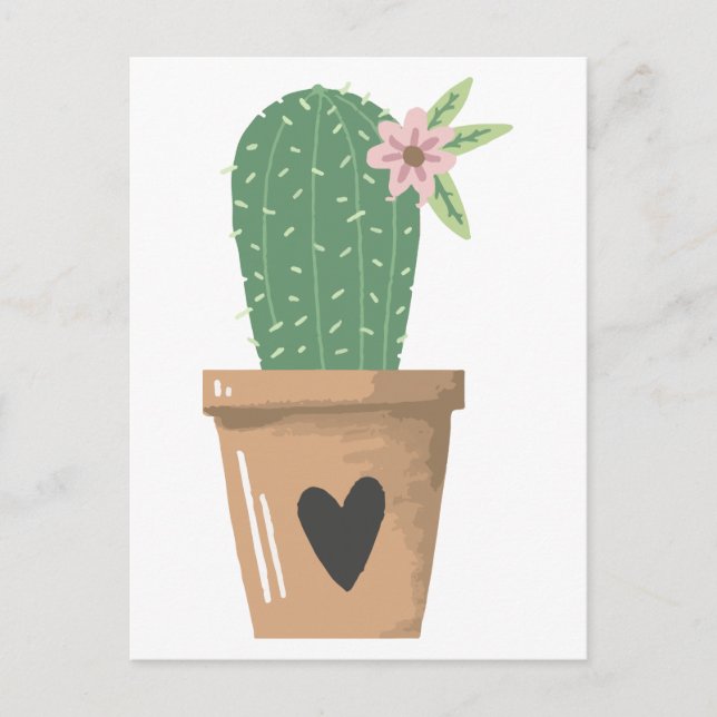 Carte Postale Aquarelle Vert Cactus Fleur Amour Coeur (Devant)