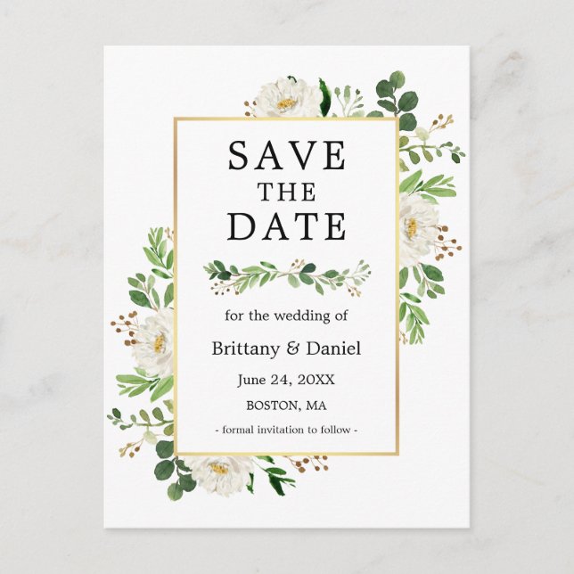 Carte Postale Aquarelle Vert Floral Blanc Enregistrer La Date (Devant)