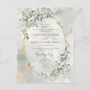 Carte Postale Aquarelle Vert Floral Or Ovale Frame Date Retard