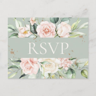 Carte Postale Aquarelle vert rose monogramme RSVP