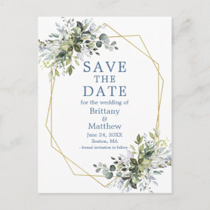 Carte Postale Aquarelle verte Enregistrer La Date Dusty Bleu
