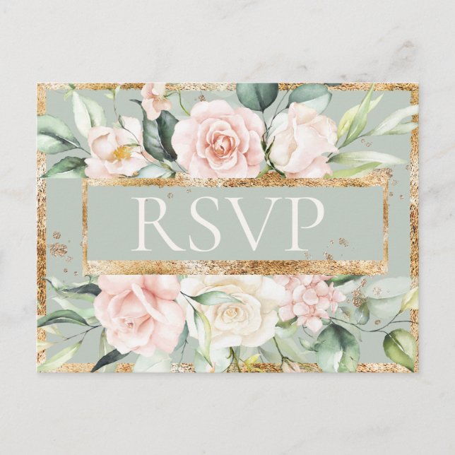 Carte Postale Aquarelle verte Florale rose Sage or RSVP (Devant)
