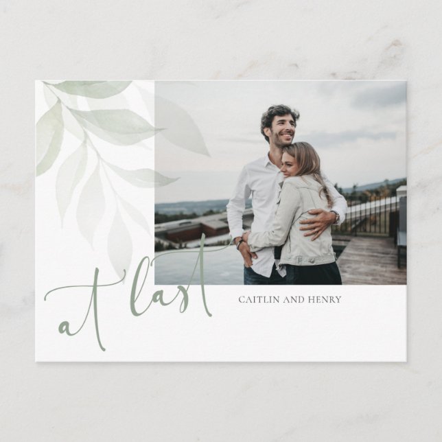 Carte Postale Aquarelle verte photo mariage Enregistrer la date (Devant)