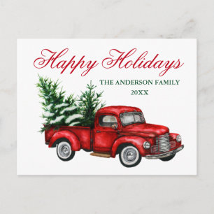Carte Postale Aquarelle Vintage Camion Rouge Arbre Joyeuses Fête