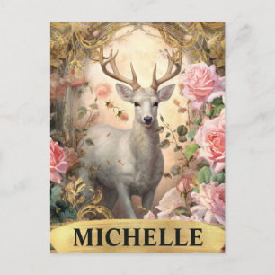 Carte Postale Aquarelle Vintage cerf blanc et roses roses roses