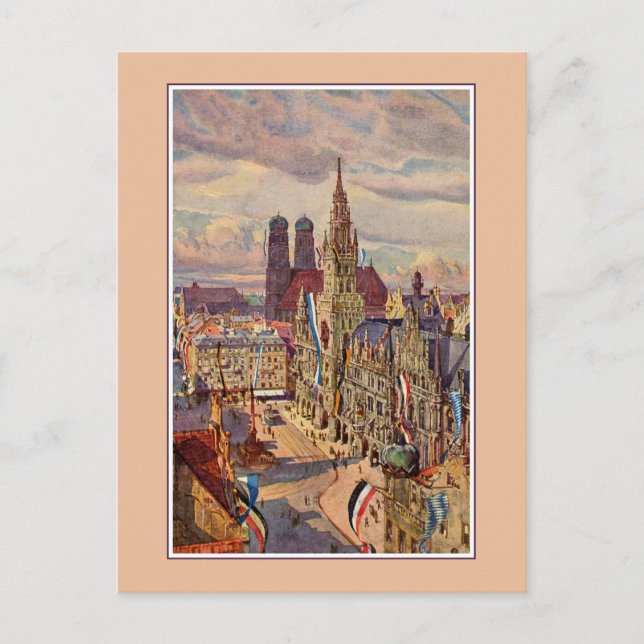 Carte Postale Aquarelle vintage Munich Marienplatz (Devant)