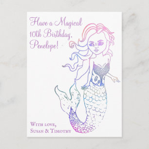 Carte Postale Aquarelle violet fille Sirène Art Joyeux Anniversa