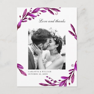 Carte Postale Aquarelle violet fleurs mariage photo merci