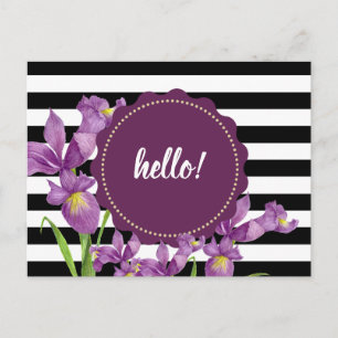 Carte Postale Aquarelle violet Iris Floral Noir Blancs