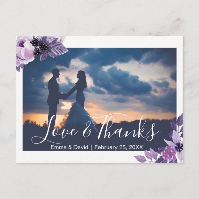 Carte Postale Aquarelle violet Mariage  photo Merci (Devant)