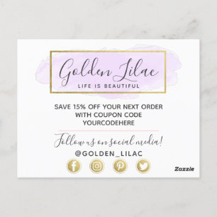 Carte Postale Aquarelle violet Merci et Geo doré moderne