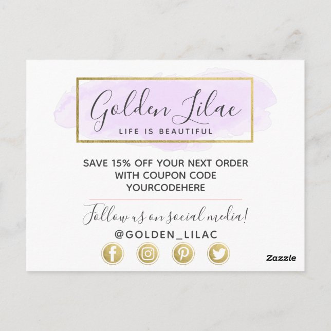 Carte Postale Aquarelle violet Merci et Geo doré moderne (Dos)