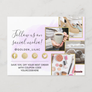 Carte Postale Aquarelle violet Merci et or 4 photos