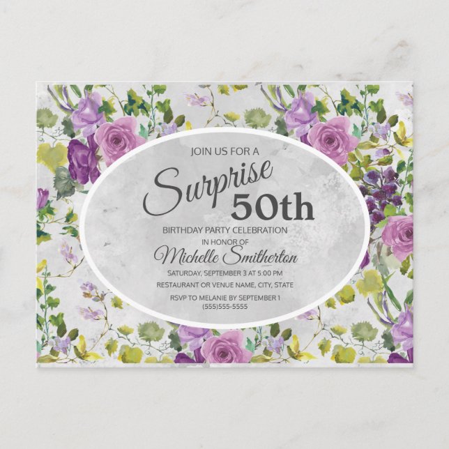 Carte Postale Aquarelle violette Floral et Feuille 50e anniversa (Devant)