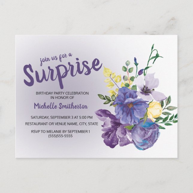 Carte Postale Aquarelle violette Floral sur rose Surprise Annive (Devant)
