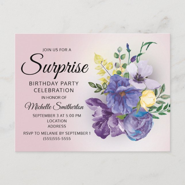 Carte Postale Aquarelle violette Florale Surprise rose Anniversa (Devant)