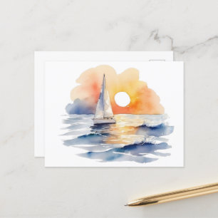 Carte Postale Aquarelle Voilier Voilier Nautique Coucher de sole