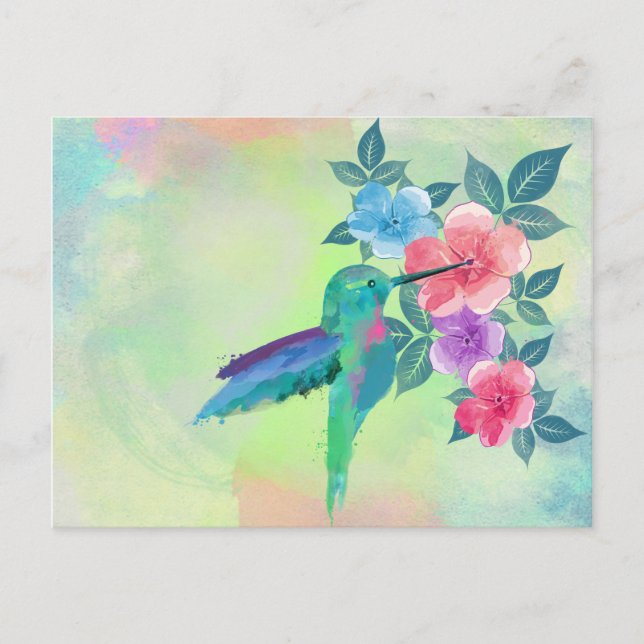 Carte Postale Aquarelles à la mode cool colibri floral (Devant)