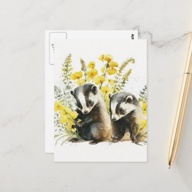 Carte Postale Aquarelles Blaireaux (Devant/Arrière en situation)