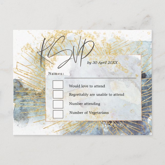 Carte Postale Aquarelles Ombre bleu spectaculaire Mariage or RSV (Devant)