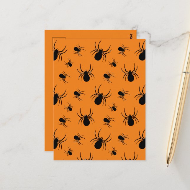 Carte Postale Araignées Halloween motif noir et orange (Devant/Arrière en situation)