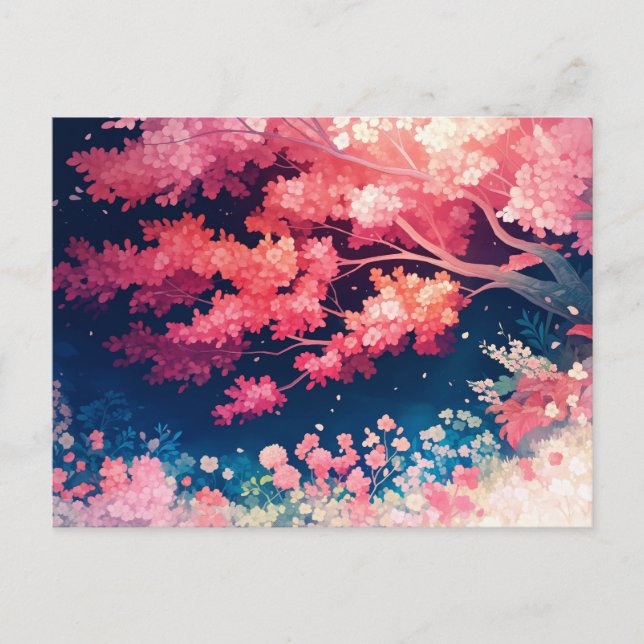 Carte Postale Arbre à fleurs de cerisier rose sous un ciel étoil (Devant)