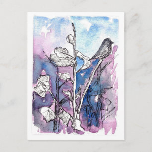 Carte Postale Arbre à oiseaux noirs Feuilles Dessin d'hiver Aqua