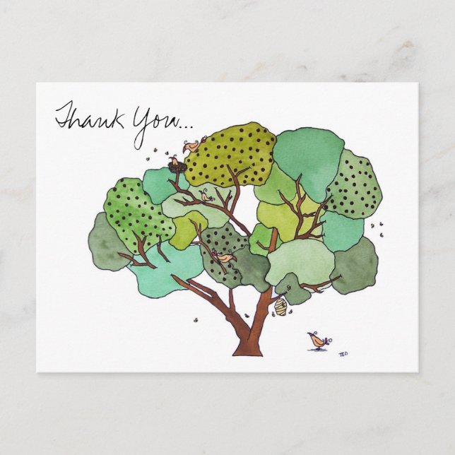Carte Postale Arbre avec oiseaux et abeilles Merci (Devant)