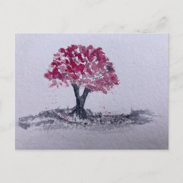 Carte Postale Arbre cerise en fleurs Aquarelle oeuvre originale (Devant)