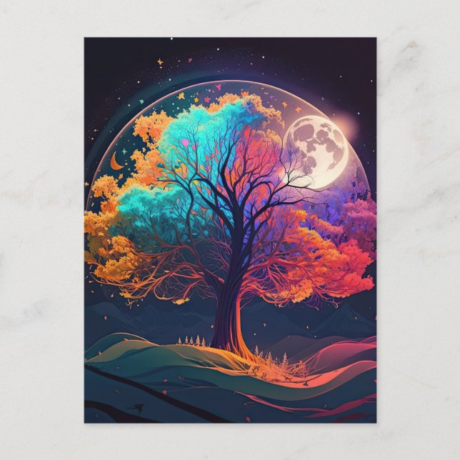 Carte Postale Arbre coloré de vie Lune Galaxie Imaginaire (Devant)