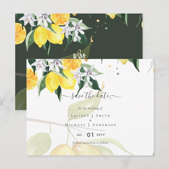 Carte Postale Arbre de citron moderne Mariage Sauvegarder la dat (Devant / Derrière)