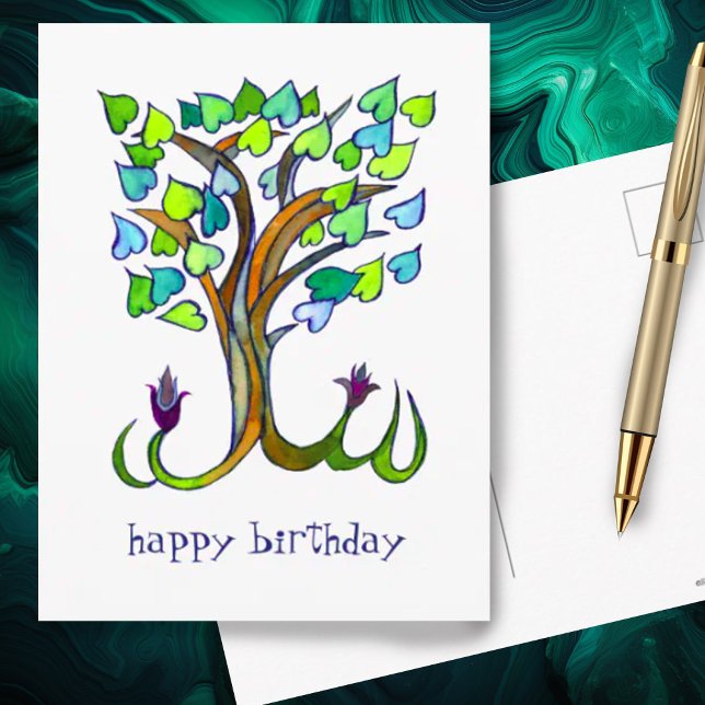 Carte Postale Arbre de cœur joyeux anniversaire personnalisé (Pretty heart shaped leaves on this watercolor tree makes a cute custom birthday postcard)