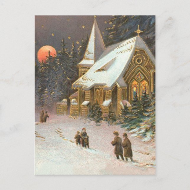 Carte Postale Arbre de l'église enneigé sous la lune et les étoi (Devant)