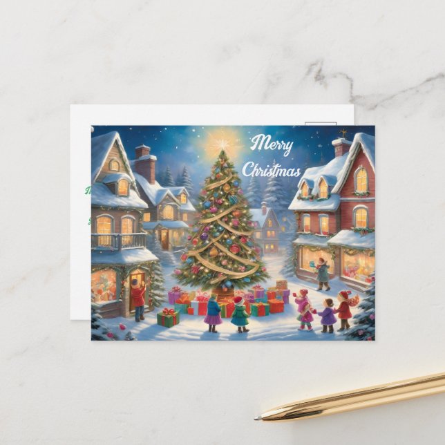 Carte Postale Arbre de Noël avec cadeaux et enfants Festif (Devant/Arrière en situation)