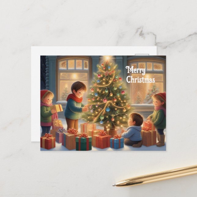 Carte Postale Arbre de Noël avec cadeaux et joie des enfants (Devant/Arrière en situation)