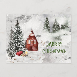 Carte Postale Arbre de Noël Cabine de la montagne de neige rusti