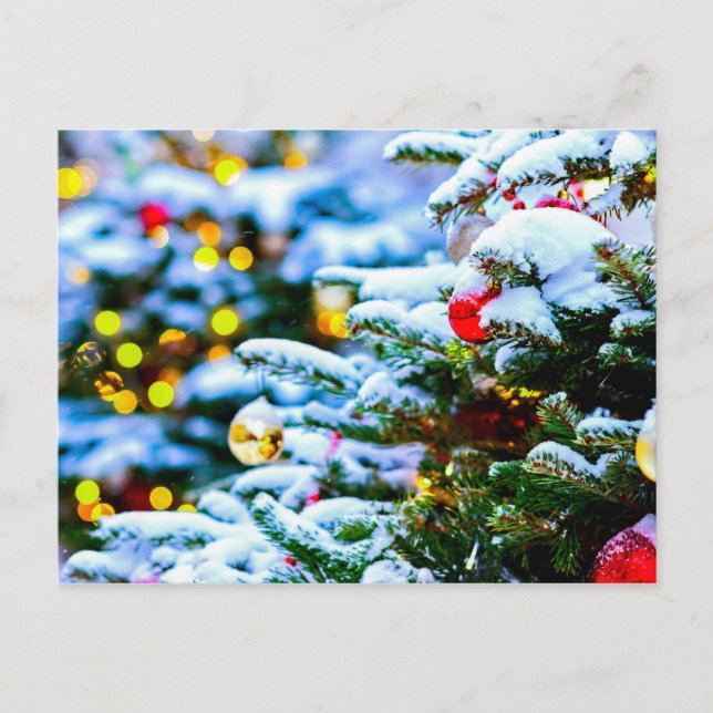 Carte Postale Arbre de Noël décoré, neige, lumière (Devant)