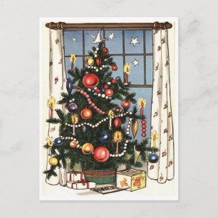 Carte Postale Arbre de Noël décoré par la fenêtre, vintage